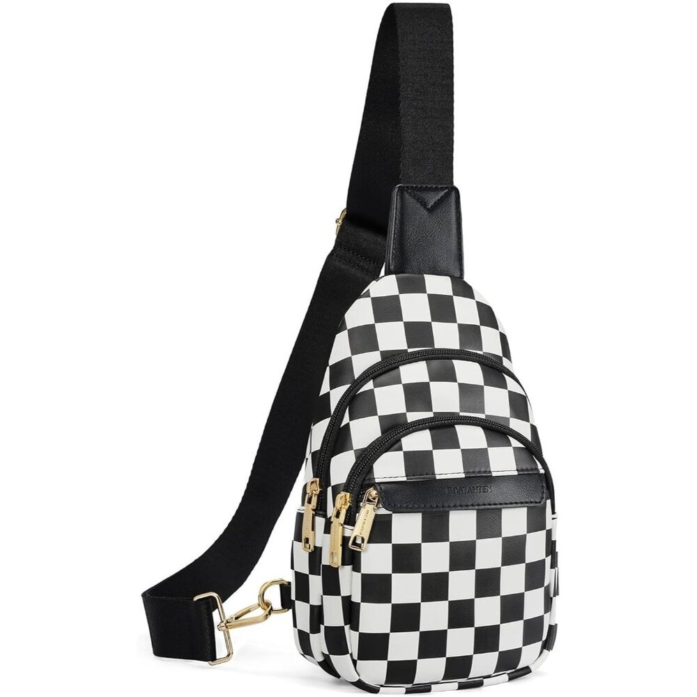 Women Checkered Black Imported Pu Leather Small Crossbody Chest Sling Travel Bag